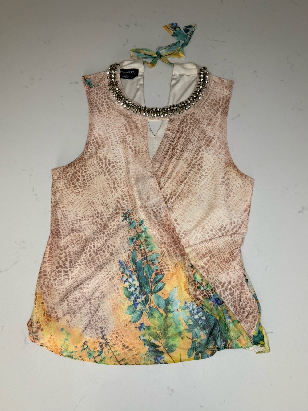 Y2K BEBE Beige Snake-Print Floral Jeweled Neckline Camisole